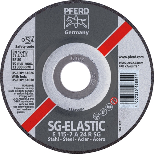 PFERD E115-7A24RSG / 22.23 metal grinding wheel, SG Elastic A24 R SG, 115x6.3 mm