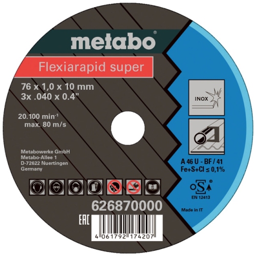 METABO 626870000 Flexiarapid Super Inox cutting disc, 76 x 1.0 x 10 mm, straight
