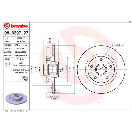 Bremsscheibe BREMBO 08.B397.27 PRIME LINE - With Bearing Kit RENAULT