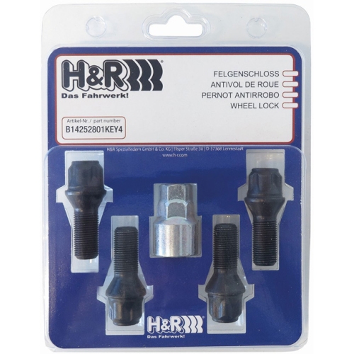 H&R rim lock set B1452801KEY4, M14x1.5mmx28mm, taper collar 60 degrees, black