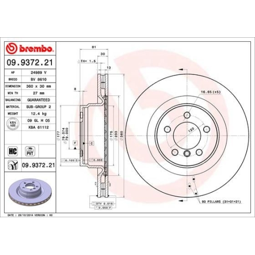 Bremsscheibe BREMBO 09.9372.21 PRIME LINE - UV Coated LAND ROVER