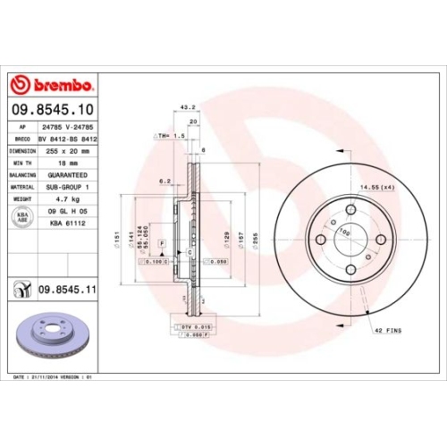 Bremsscheibe BREMBO 09.8545.11 PRIME LINE - UV Coated TOYOTA TOYOTA (FAW)