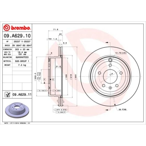 Bremsscheibe BREMBO 09.A629.11 PRIME LINE - UV Coated OPEL VAUXHALL CHEVROLET