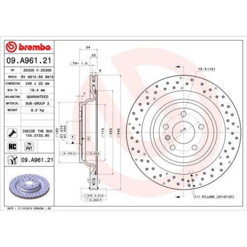 Bremsscheibe BREMBO 09.A961.21 PRIME LINE - UV Coated MERCEDES-BENZ