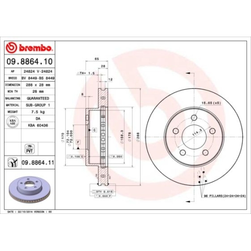 Bremsscheibe BREMBO 09.8864.11 PRIME LINE - UV Coated JEEP