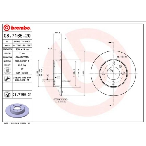 Bremsscheibe BREMBO 08.7165.21 PRIME LINE - UV Coated SEAT VW