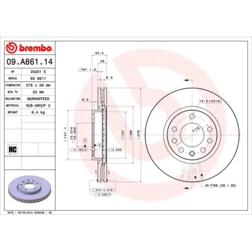 Bremsscheibe BREMBO 09.A861.14 PRIME LINE OPEL VAUXHALL