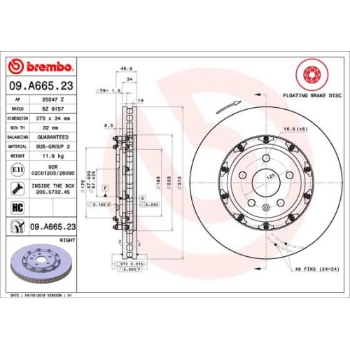 Bremsscheibe BREMBO 09.A665.23 PRIME LINE - Floating CHEVROLET CADILLAC