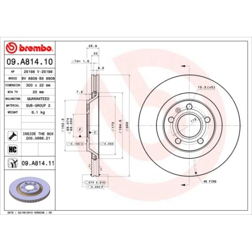 Bremsscheibe BREMBO 09.A814.11 PRIME LINE - UV Coated AUDI