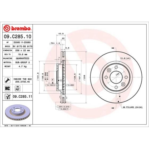 2 Brake Disc BREMBO 09.C285.11 PRIME LINE - UV Coated RENAULT DACIA SMART