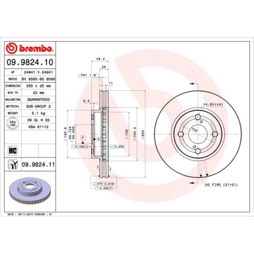 Bremsscheibe BREMBO 09.9824.11 PRIME LINE - UV Coated TOYOTA