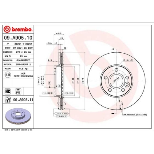 Bremsscheibe BREMBO 09.A905.11 PRIME LINE - UV Coated FORD VOLVO FORD (CHANGAN)