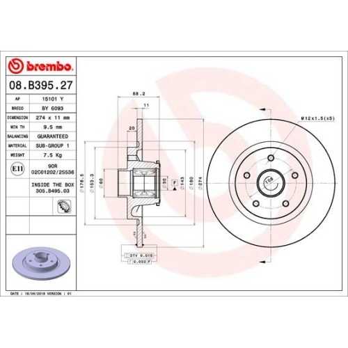 Bremsscheibe BREMBO 08.B395.27 PRIME LINE - With Bearing Kit MERCEDES-BENZ