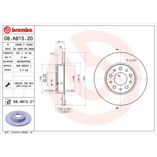 Bremsscheibe BREMBO 08.A915.21 PRIME LINE - UV Coated FIAT