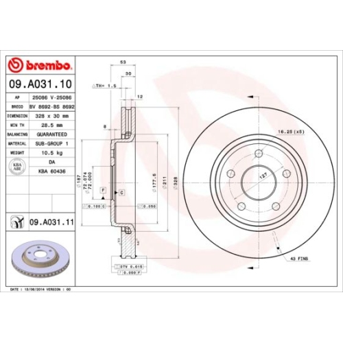 Bremsscheibe BREMBO 09.A031.11 PRIME LINE - UV Coated JEEP