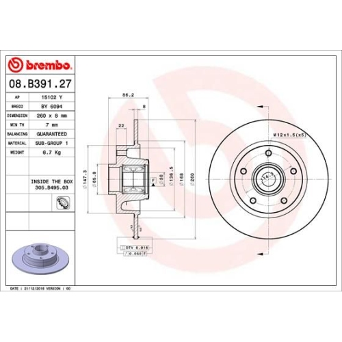 Bremsscheibe BREMBO 08.B391.27 PRIME LINE - With Bearing Kit RENAULT