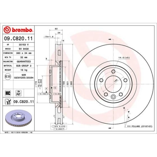 Bremsscheibe BREMBO 09.C820.11 PRIME LINE - UV Coated LAND ROVER