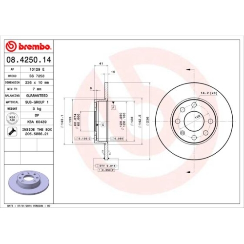Bremsscheibe BREMBO 08.4250.14 PRIME LINE BEDFORD OPEL VAUXHALL