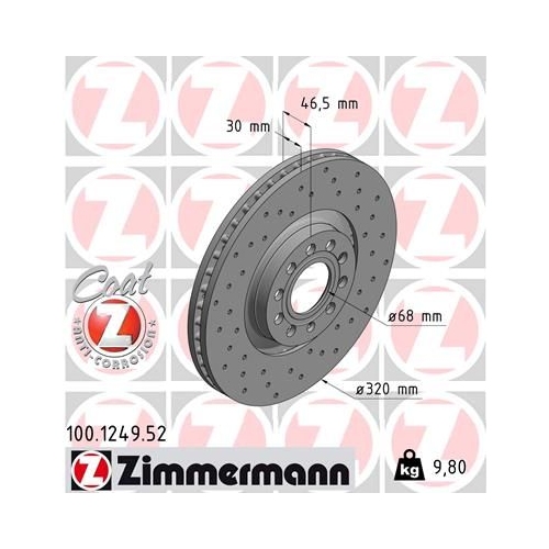 2 Brake Disc ZIMMERMANN 100.1249.52 SPORT BRAKE DISC COAT Z VAG AUDI (FAW)