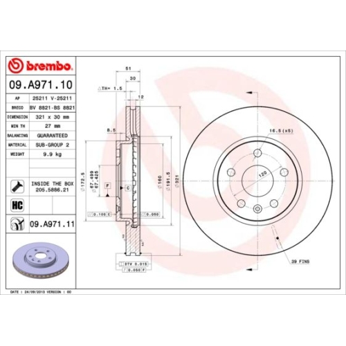 Bremsscheibe BREMBO 09.A971.11 PRIME LINE - UV Coated GMC OPEL SAAB VAUXHALL