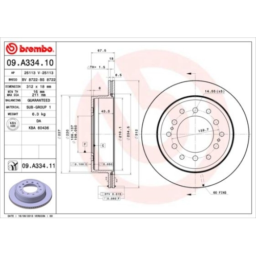 Bremsscheibe BREMBO 09.A334.11 PRIME LINE - UV Coated TOYOTA LEXUS