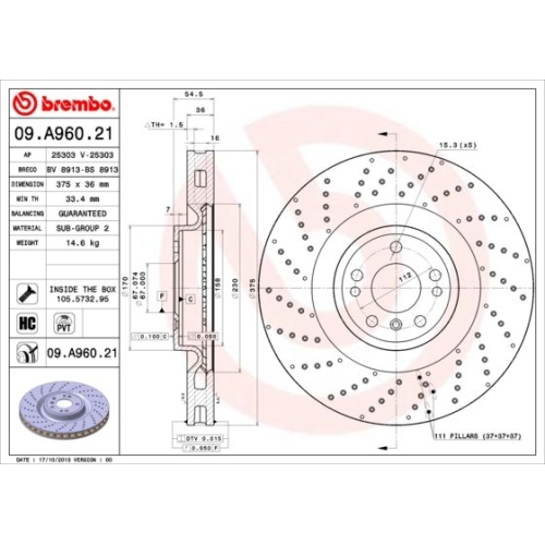 Bremsscheibe BREMBO 09.A960.21 PRIME LINE - UV Coated MERCEDES-BENZ
