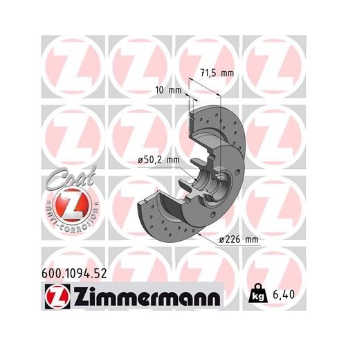 2 Brake Disc ZIMMERMANN 600.1094.52 SPORT BRAKE DISC COAT Z VAG