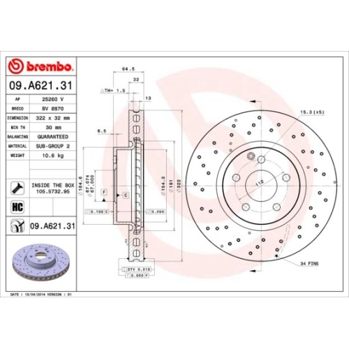 Bremsscheibe BREMBO 09.A621.31 PRIME LINE - UV Coated MERCEDES-BENZ