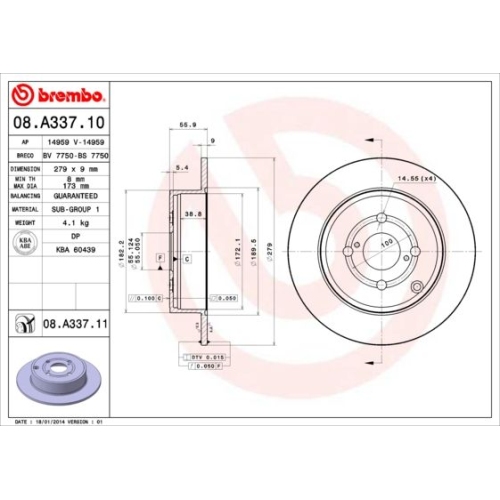 Bremsscheibe BREMBO 08.A337.11 PRIME LINE - UV Coated TOYOTA