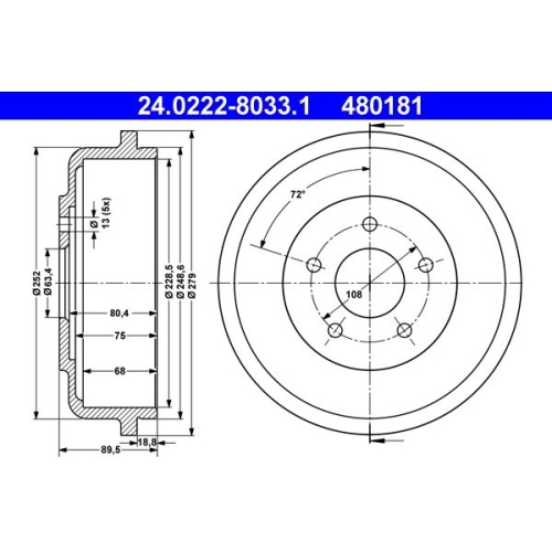 Bremstrommel ATE 24.0222-8033.1 FORD