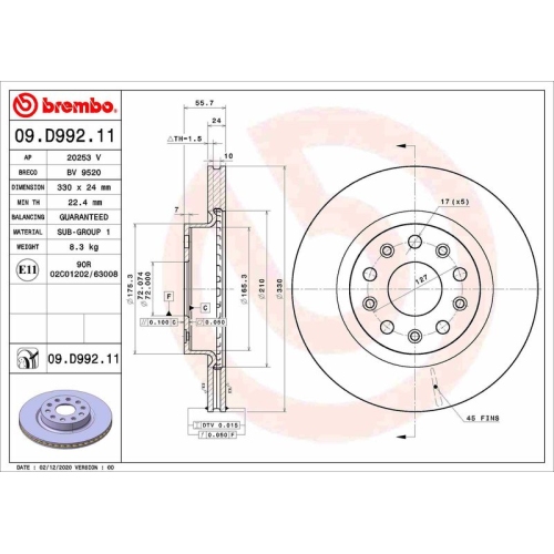 Bremsscheibe BREMBO 09.D992.11 PRIME LINE - UV Coated JEEP