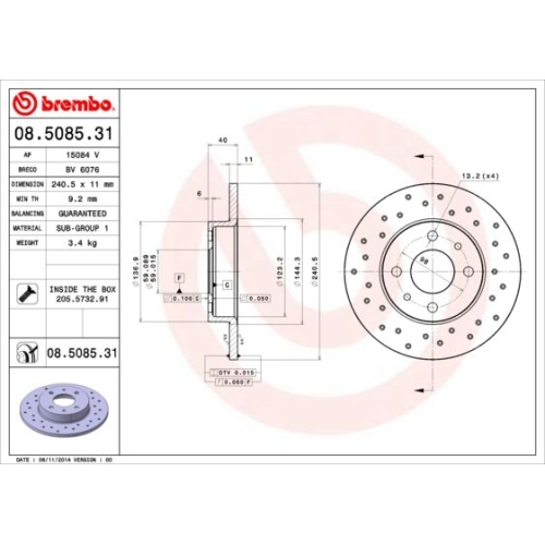 Bremsscheibe BREMBO 08.5085.31 PRIME LINE - UV Coated ABARTH