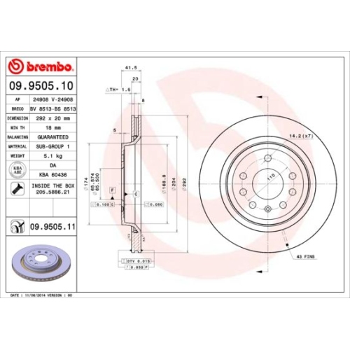 Bremsscheibe BREMBO 09.9505.11 COATED DISC LINE FIAT OPEL SAAB VAUXHALL