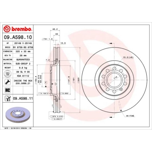 Bremsscheibe BREMBO 09.A598.11 COATED DISC LINE AUDI SEAT