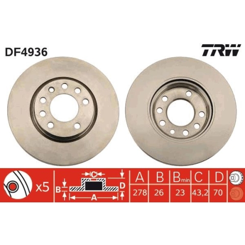 2 Brake Disc TRW DF4936 OPEL VAUXHALL