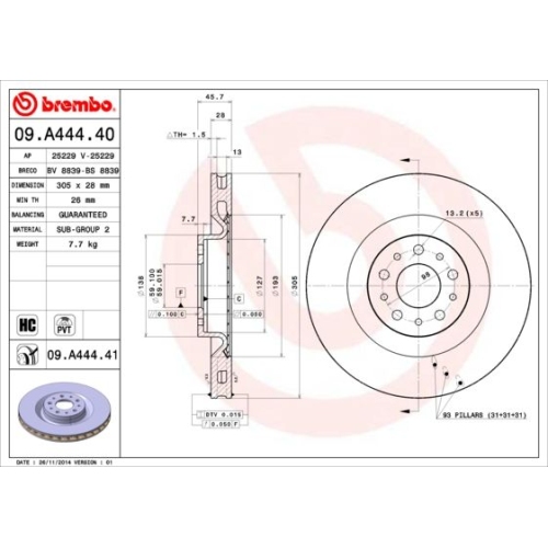 Bremsscheibe BREMBO 09.A444.41 PRIME LINE - UV Coated FIAT OPEL VAUXHALL