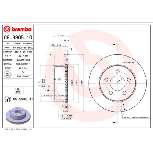 Bremsscheibe BREMBO 09.9905.11 PRIME LINE - UV Coated JEEP
