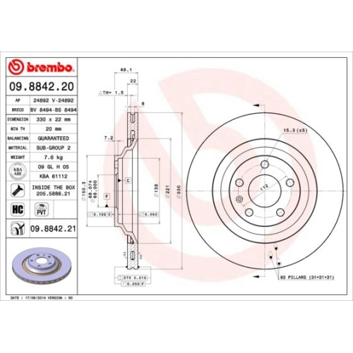 Bremsscheibe BREMBO 09.8842.21 COATED DISC LINE AUDI