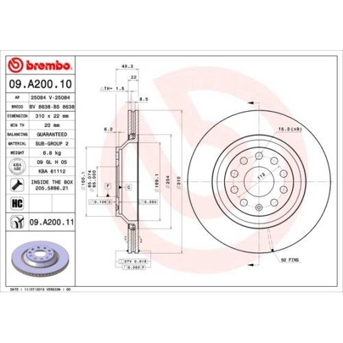 Bremsscheibe BREMBO 09.A200.11 PRIME LINE - UV Coated AUDI SEAT VW VW (FAW)