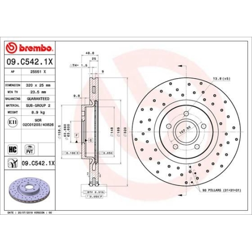 1 Brake Disc BREMBO 09.C542.1X XTRA LINE - Xtra FORD FORD USA LINCOLN