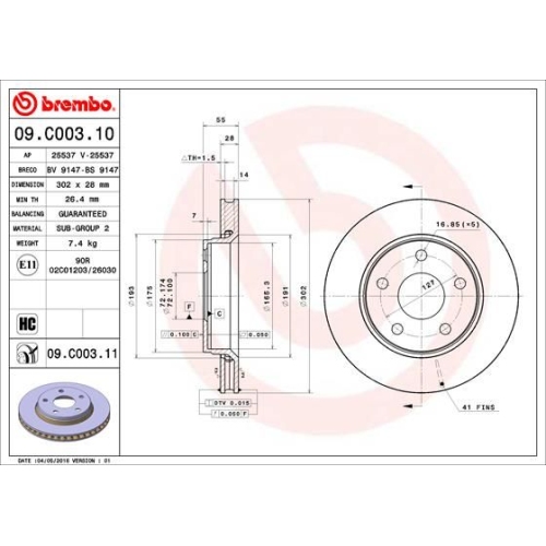 Bremsscheibe BREMBO 09.C003.11 PRIME LINE - UV Coated JEEP