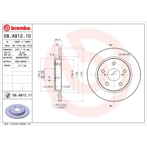 Bremsscheibe BREMBO 08.A912.11 PRIME LINE - UV Coated TOYOTA