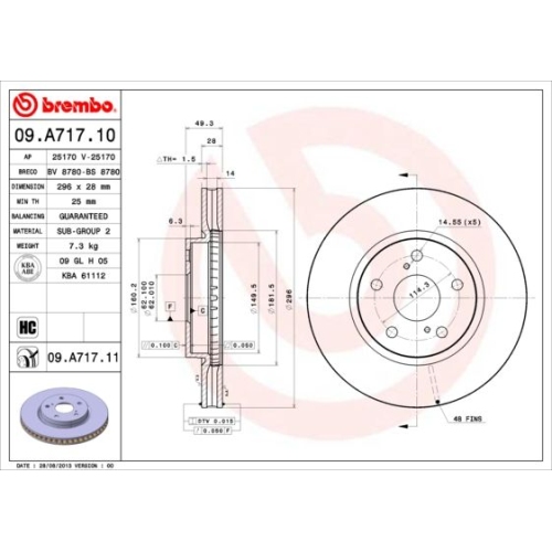 Bremsscheibe BREMBO 09.A717.11 PRIME LINE - UV Coated LEXUS TOYOTA (FAW)