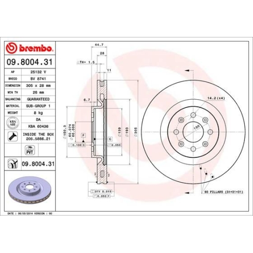 Bremsscheibe BREMBO 09.8004.31 PRIME LINE - UV Coated FIAT ABARTH