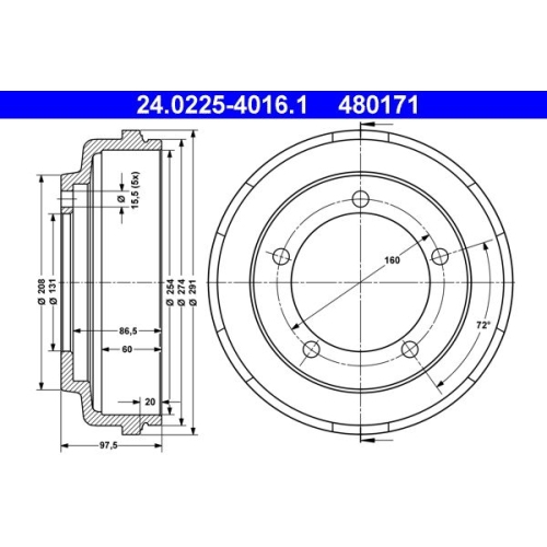 Bremstrommel ATE 24.0225-4016.1 FORD