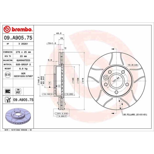 2 Brake Disc BREMBO 09.A905.75 XTRA LINE - Xtra FORD VOLVO FORD (CHANGAN)