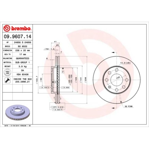 Bremsscheibe BREMBO 09.9607.14 PRIME LINE BEDFORD OPEL VAUXHALL