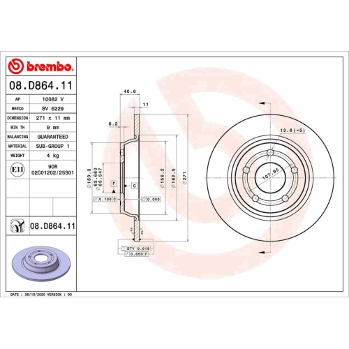 Bremsscheibe BREMBO 08.D864.11 PRIME LINE - UV Coated FORD FORD (CHANGAN)