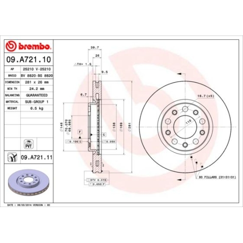 Bremsscheibe BREMBO 09.A721.11 COATED DISC LINE ALFA ROMEO FIAT JEEP
