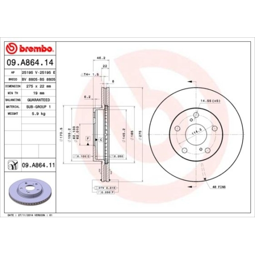Bremsscheibe BREMBO 09.A864.11 PRIME LINE - UV Coated TOYOTA TOYOTA (GAC)